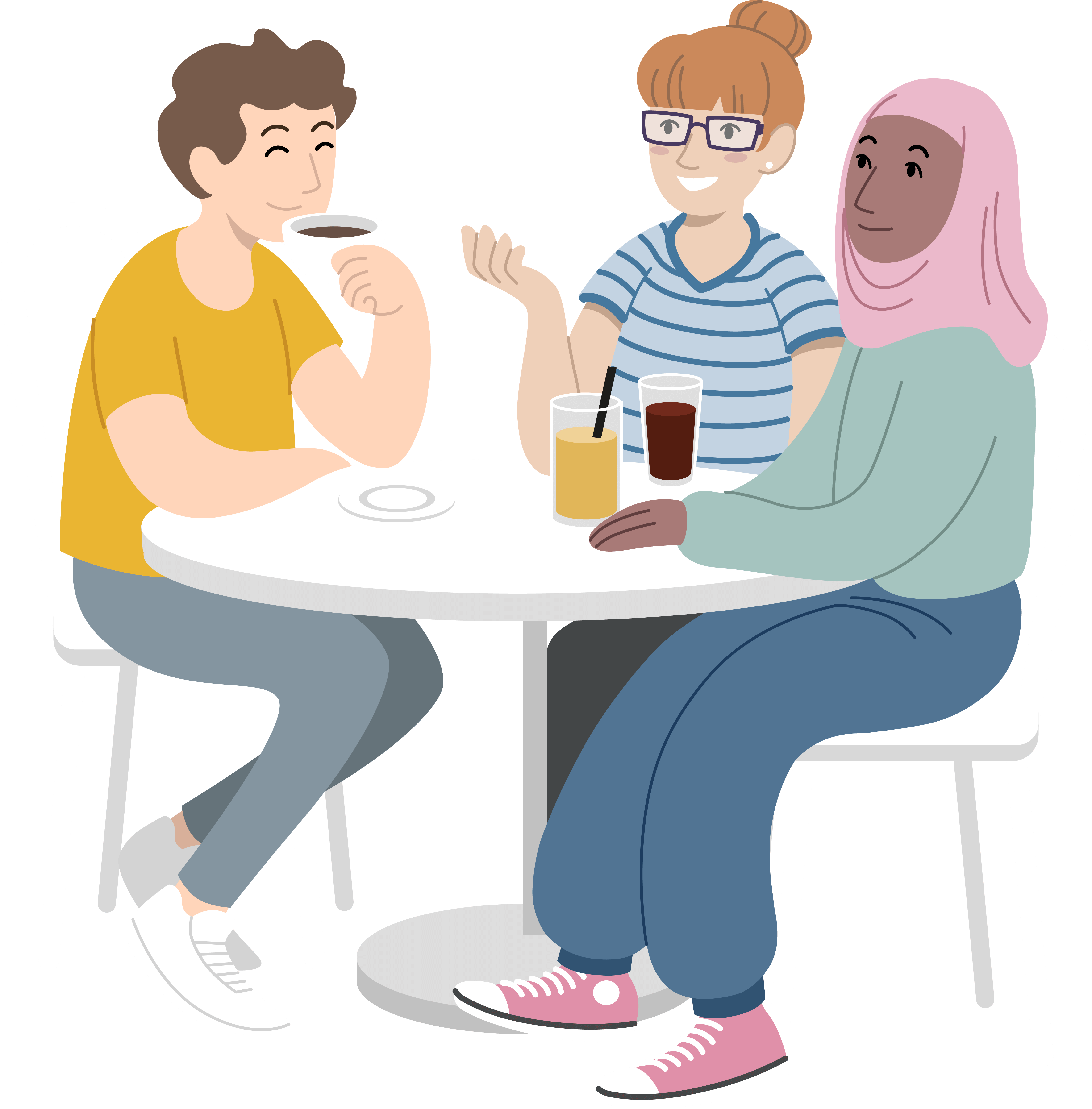 Gruppe von Freunden, die sich an einem Tisch unterhalten